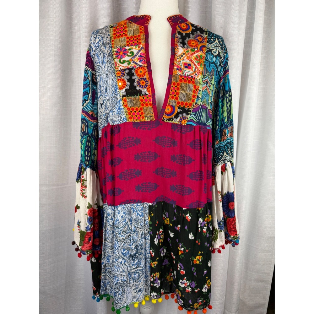 Anandas Collection Patchwork Tunic Top L Boho Floral Paisley Pom Pom Bell Sleeve